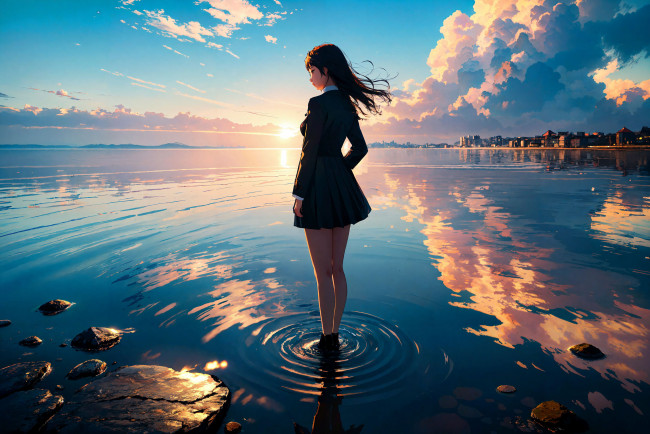 Обои картинки фото аниме, пейзажи,  природа, нейросети, графика, нейроарт, ai, art, нейронные, сети, рисунки, нейро, искусство, девушка, водоем