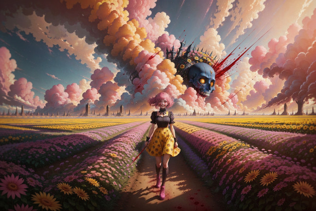 Обои картинки фото аниме, unknown,  другое , нейросети, графика, нейроарт, ai, art, нейронные, сети, рисунки, нейро, искусство, поле, с, цветами, существо, в, облаках