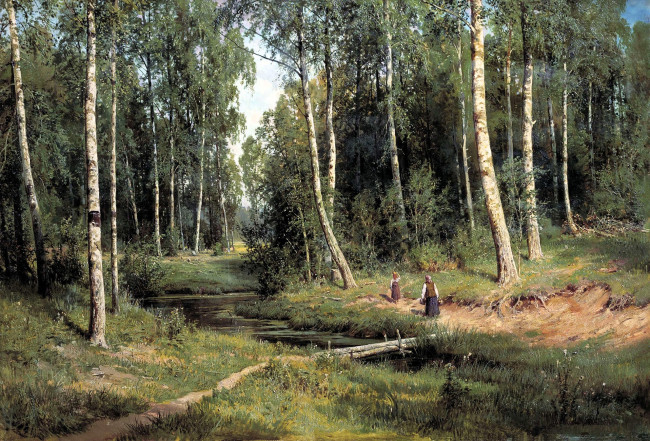 Обои картинки фото рисованное, иван шишкин, лес, люди, речка, мост