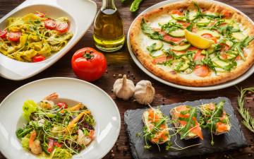 обоя еда, разное, масло, пицца, салат, креветки, бутерброды