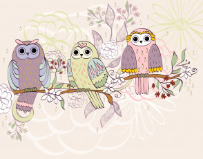 Картинка векторная+графика птицы цветы совы ветка