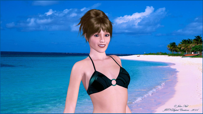 Обои картинки фото 3д графика, люди , people, девушка, море, пляж, взгляд