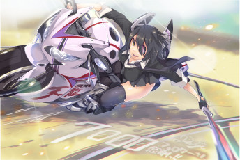 Картинка аниме kantai+collection armadillo-tokage kantai collection меч улыбка kancolle мотоцикл скорость tenryuu девушка арт