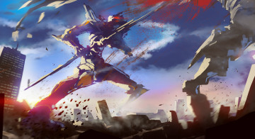 Картинка аниме evangelion разрушение город арт фантастика робот кровь гигант
