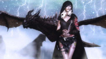 Картинка 3д+графика фантазия+ fantasy дракон взгляд фон девушка