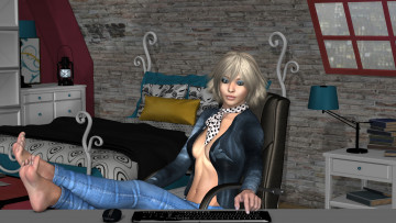 Картинка 3д+графика люди+ people окно стол компьютер кровать интерьер девушка взгляд фон комната светильник