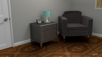 Картинка 3д+графика реализм+ realism картина интерьер комната тумбочка часы кррресло