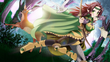 Картинка аниме оружие +техника +технологии лес олень лук фон взгляд девушка