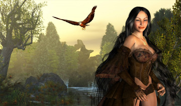 Картинка 3д+графика люди+ people фон взгляд птица девушка