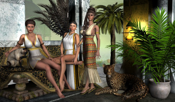 Картинка 3д+графика люди+ people кот тигр фон растение взгляд девушки диван