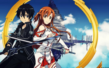 Картинка sword+art+online аниме парень оружие фон взгляд девушка kirito yuuki asuna
