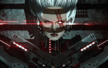 Картинка фэнтези роботы +киборги +механизмы лазеры киборг взгляд шрам tempo slice shwann universe неон пистолеты