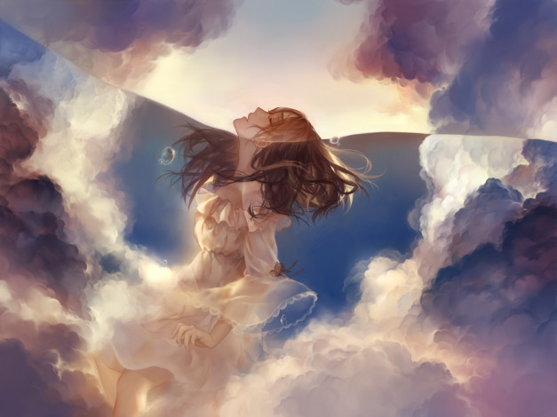 Обои картинки фото аниме, unknown,  другое, sail, mio, арт, девушка, вода, облака