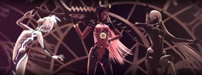 Обои картинки фото фэнтези, роботы,  киборги,  механизмы, девушки, carbon, black, miku, tri-oxygen, luka, phosphorescent, rin, оружие, бантик, vocaloid, вокалоид