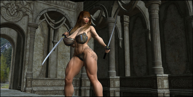 Обои картинки фото 3д графика, фантазия , fantasy, оружие, фон, взгляд, девушка