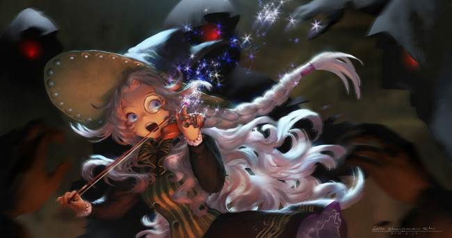 Обои картинки фото аниме, pixiv fantasia, косы, шляпа, девочка, скрипка, искры, арт, lost, elle, pixiv, fantasia