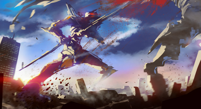 Обои картинки фото аниме, evangelion, разрушение, город, арт, фантастика, робот, кровь, гигант