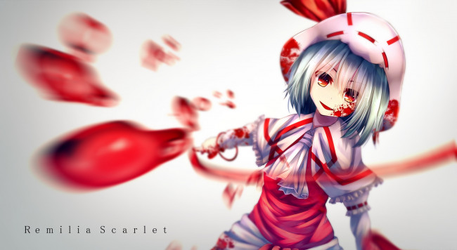 Обои картинки фото аниме, touhou, арт, kagayan1096, взгляд, улыбка, девушка, remilia, scarlet, кровь