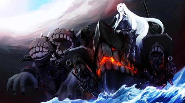Обои картинки фото аниме, kantai collection, battleship, water, oni, волны, зубы, aircraft, carrier, hime, kantai, collection, монстр, девушка, арт, umino, море, вода