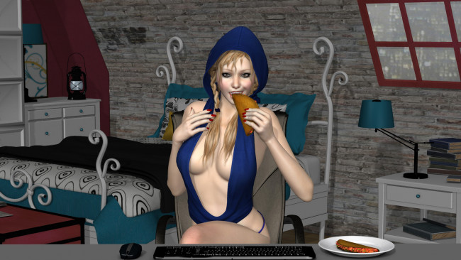 Обои картинки фото 3д графика, люди , people, девушка, окно, светильник, стол, кровать, компьютер, взгляд, фон, комната, интерьер