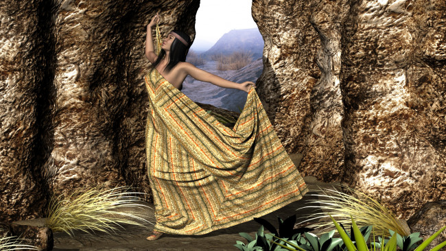 Обои картинки фото 3д графика, люди , people, горы, фон, взгляд, девушка