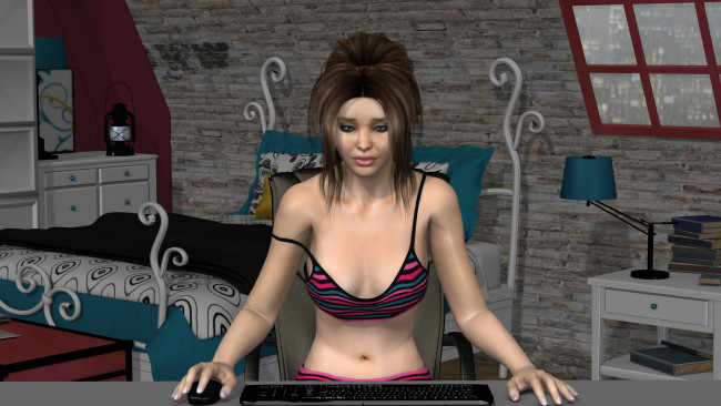 Обои картинки фото 3д графика, люди , people, взгляд, девушка, окно, светильник, стол, кровать, фон, комната, интерьер, компьютер