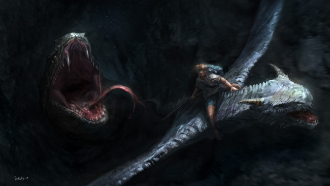 Обои картинки фото фэнтези, существа, фантастика, спасение, арт, существо, монстр, пасть, человек