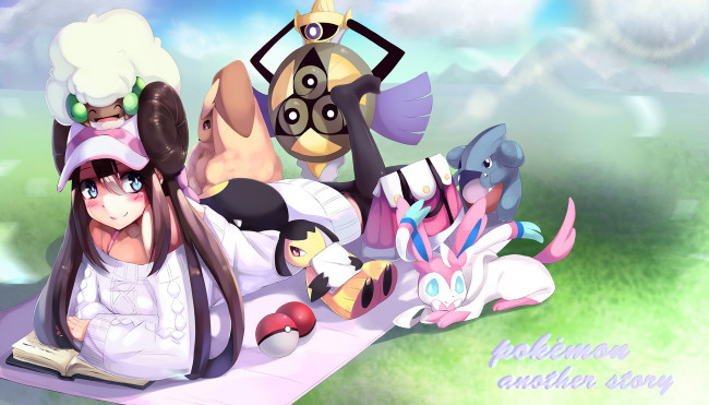 Обои картинки фото аниме, pokemon, lopunny, mawile, mei, sylveon, арт, девушка, лежит, покемоны