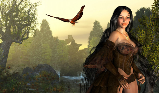 Обои картинки фото 3д графика, люди , people, фон, взгляд, птица, девушка