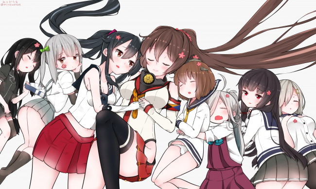 Обои картинки фото аниме, kantai collection, kantai, collection, asashimo, kancolle, арт, девушки, hamakaze, hatsushimo, isokaze, kasumi, yahagi, yamato, yukikaze, mitsudoue