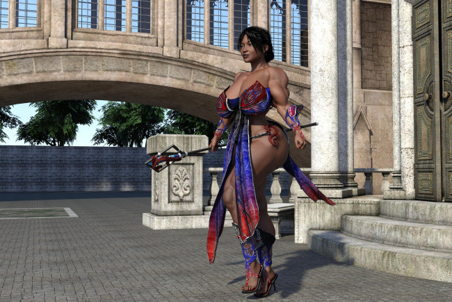 Обои картинки фото 3д графика, фантазия , fantasy, фон, взгляд, девушка, оружие