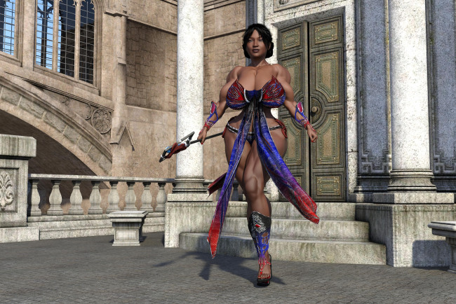 Обои картинки фото 3д графика, фантазия , fantasy, оружие, фон, взгляд, девушка