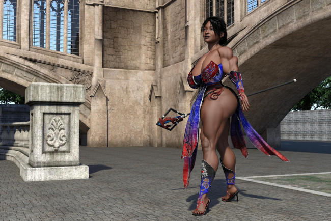 Обои картинки фото 3д графика, фантазия , fantasy, оружие, фон, взгляд, девушка