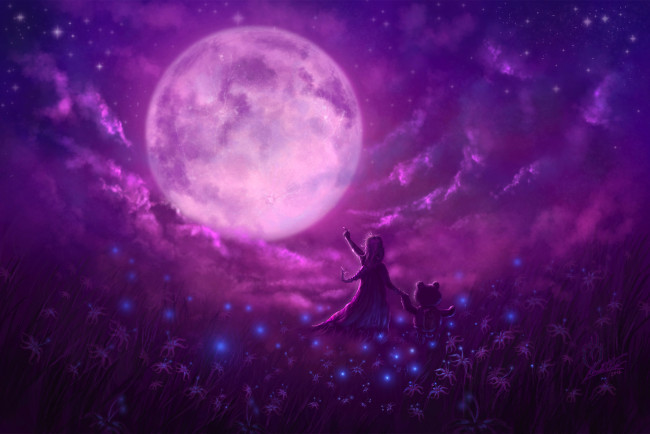 Обои картинки фото фэнтези, пейзажи, звезды, луна, ночь, девочка, маленькая, восторг, друзья, поляна, цветы, волшебство, мишка