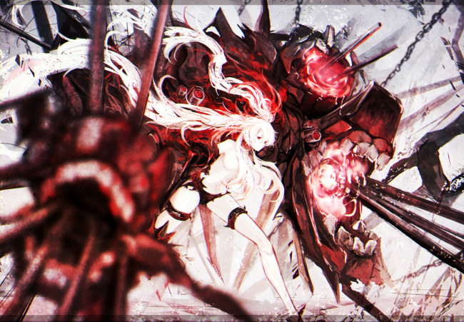 Обои картинки фото аниме, kantai collection, девушка, арт, marumoru, монстр, оружие