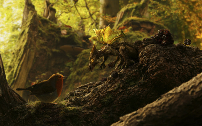 Обои картинки фото фэнтези, драконы, ежевика, ягоды, дракон, дракончик, прица, лес