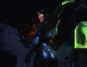 Картинка фэнтези девушки костюм пушка взгляд арт задница лицо девушка попа plasma gun фантастика