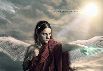 Картинка фэнтези фотоарт девушка фон взгляд крылья эльф