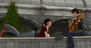 обоя 3д графика, люди , people, девушки, взгляд, фон, гитара