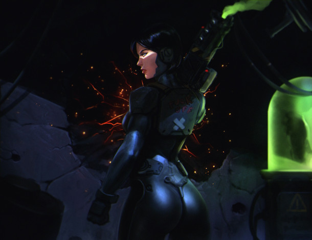 Обои картинки фото фэнтези, девушки, костюм, пушка, взгляд, арт, задница, лицо, девушка, попа, plasma, gun, фантастика