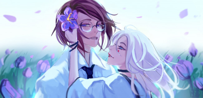 Обои картинки фото аниме, unknown,  другое, парень, девушка, by, m0queur, цветы