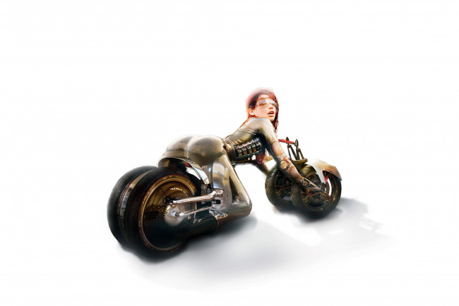 Обои картинки фото фэнтези, роботы,  киборги,  механизмы, девушка, фон, взгляд, квадроцикл