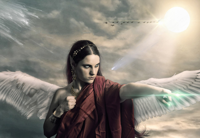 Обои картинки фото фэнтези, фотоарт, девушка, фон, взгляд, крылья, эльф