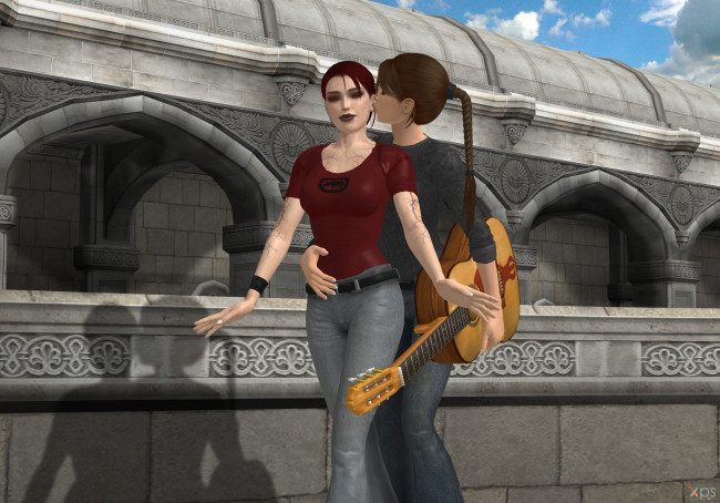 Обои картинки фото 3д графика, люди , people, девушки, взгляд, фон, гитара