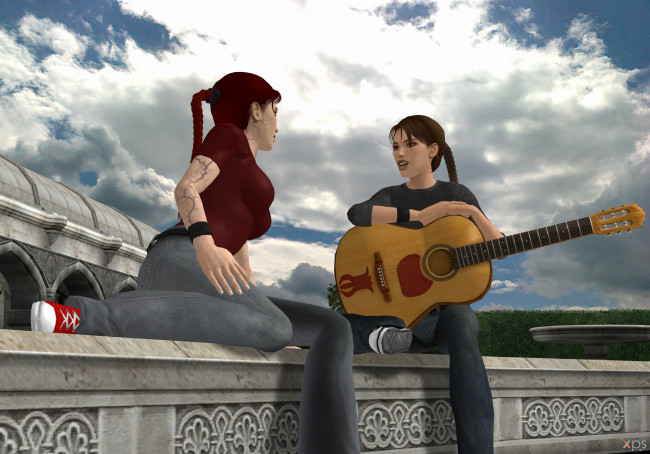 Обои картинки фото 3д графика, люди , people, девушки, взгляд, фон, гитара