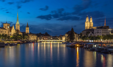Картинка города цюрих+ швейцария огни здания мост река облака небо