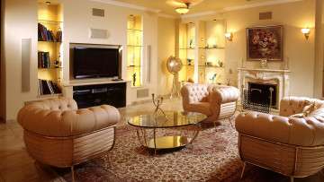 Картинка интерьер гостиная мягкие кресла камин телевизор книги