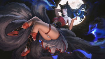 Картинка видео+игры league+of+legends девушка фон взгляд ушки хвост луна ahri