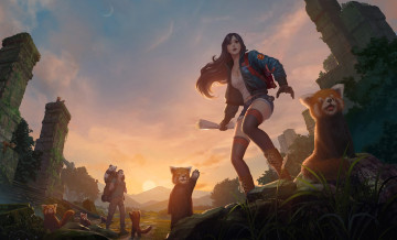 Картинка фэнтези люди девушка мужчина рюкзак панды развалины