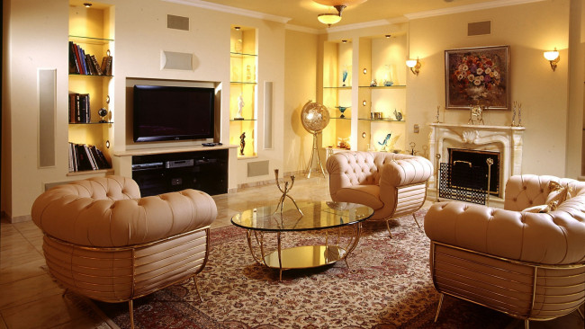 Обои картинки фото интерьер, гостиная, мягкие, кресла, камин, телевизор, книги